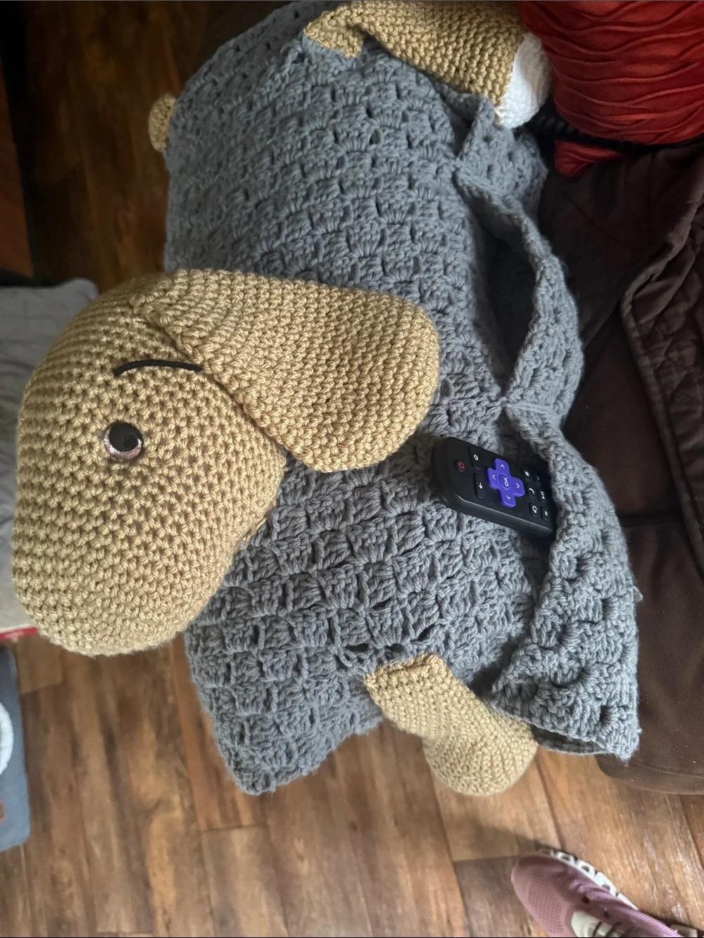Handmade Crochet Dog Pillow Plush in Gray and Tan - Pet Decor